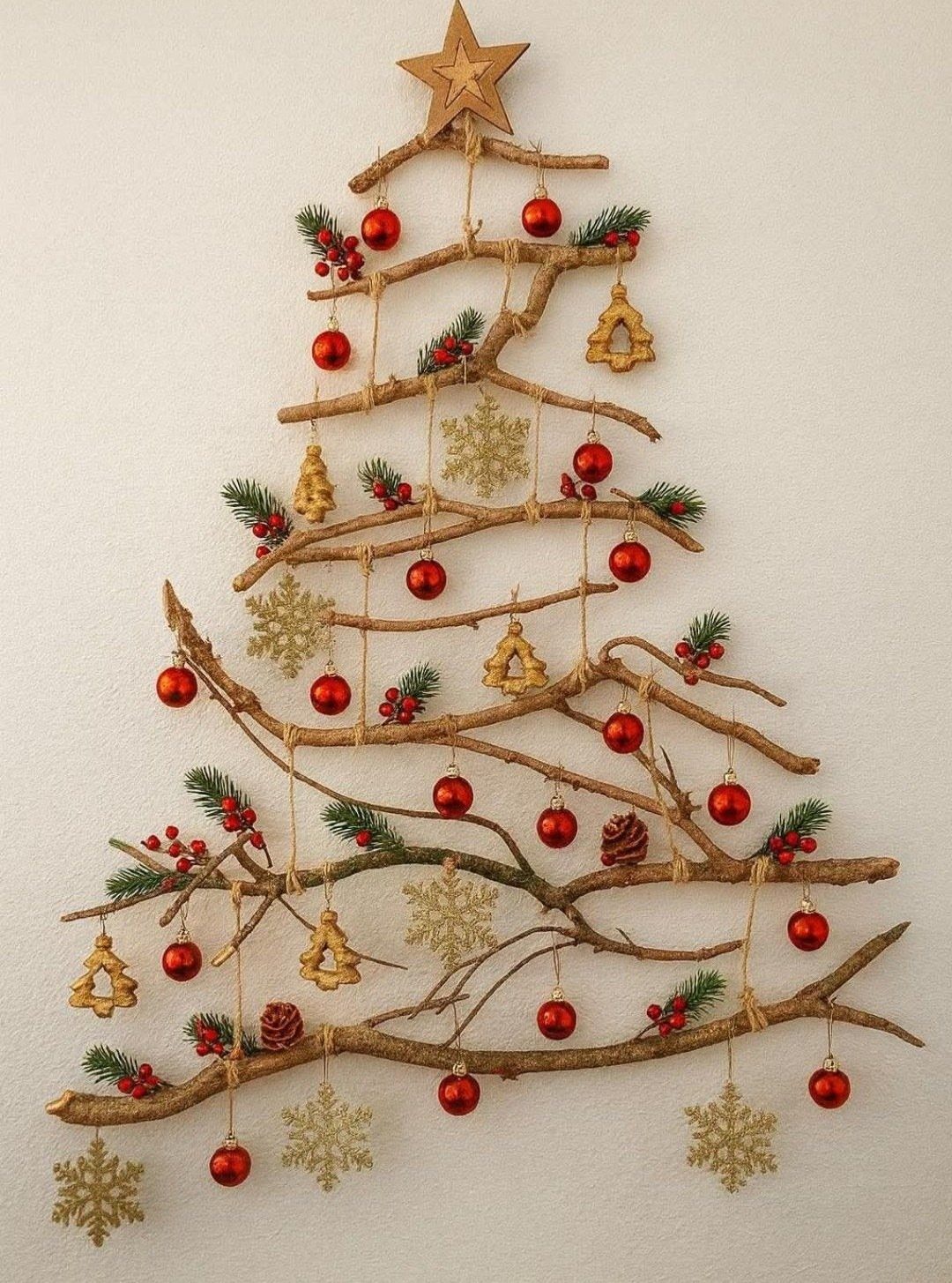 A wall-mounted Christmas tree made of natural branches decorated with red ornaments and gold snowflakes.