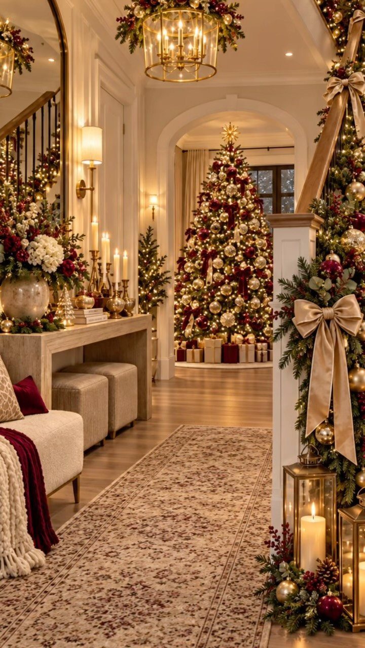 A large Christmas tree decorated with red and gold ornaments in a brightly lit, elegant living room.