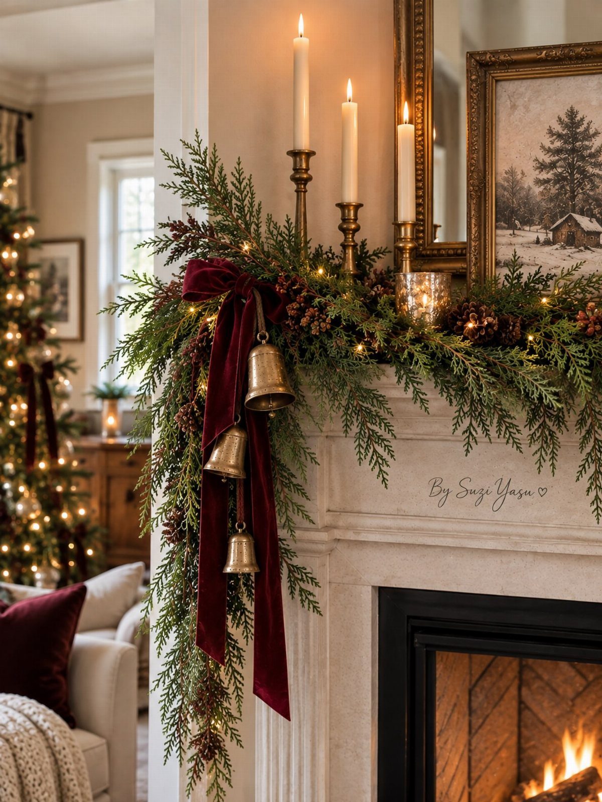 Evergreen garland with gold bells and a large red velvet ribbon draped over a white fireplace mantel.