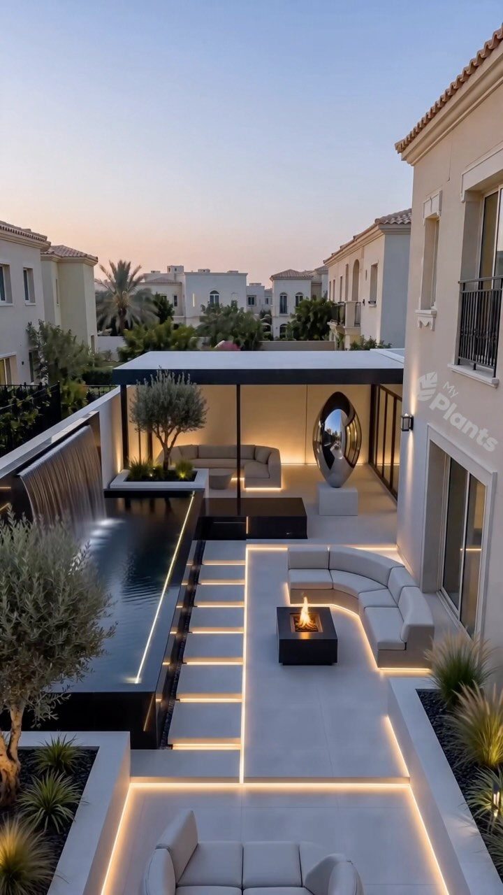 Modern outdoor patio with a black minimalist aluminum structure and glowing LED stone pathways.