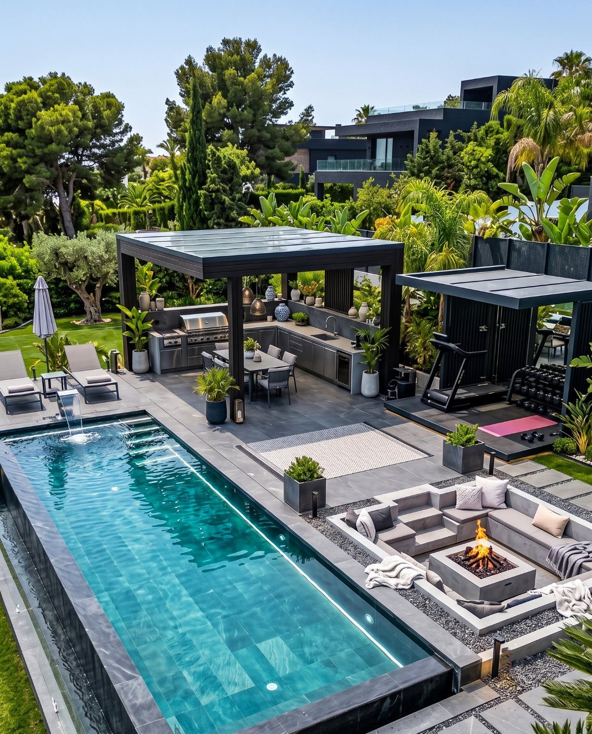 Luxury backyard with a rectangular swimming pool, modern outdoor kitchen, and sunken fire pit lounge.