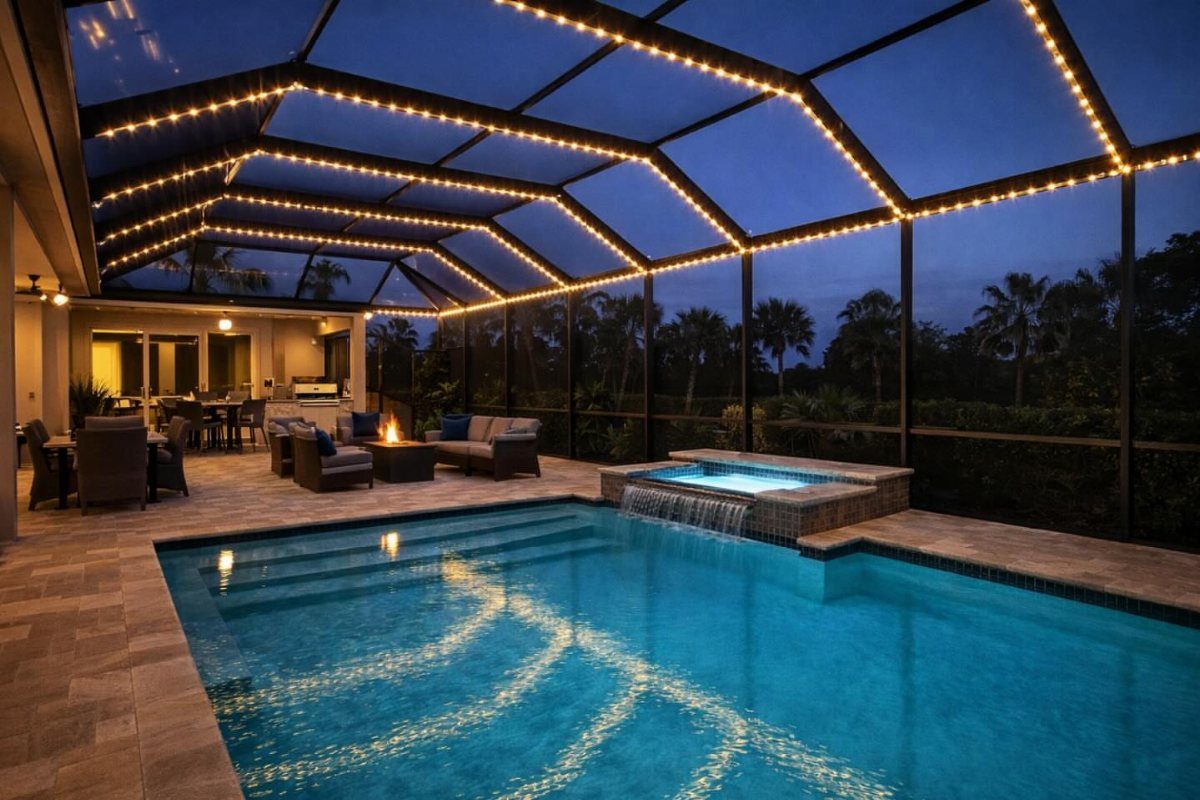 Swimming pool and hot tub under a screened patio with glowing string lights at dusk.