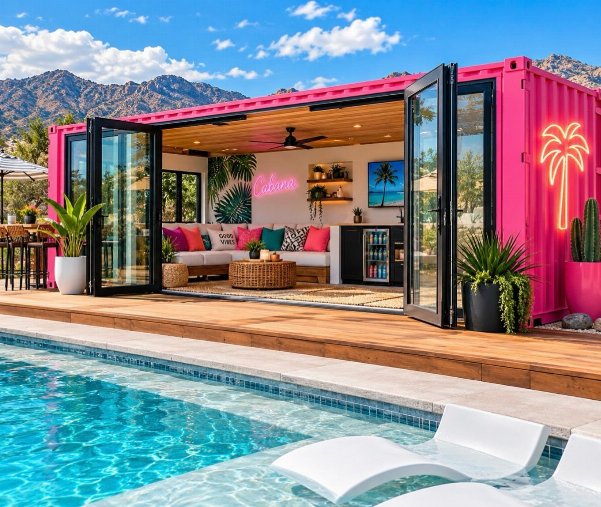 Pink shipping container cabana with lounge seating and neon palm sign next to a pool.