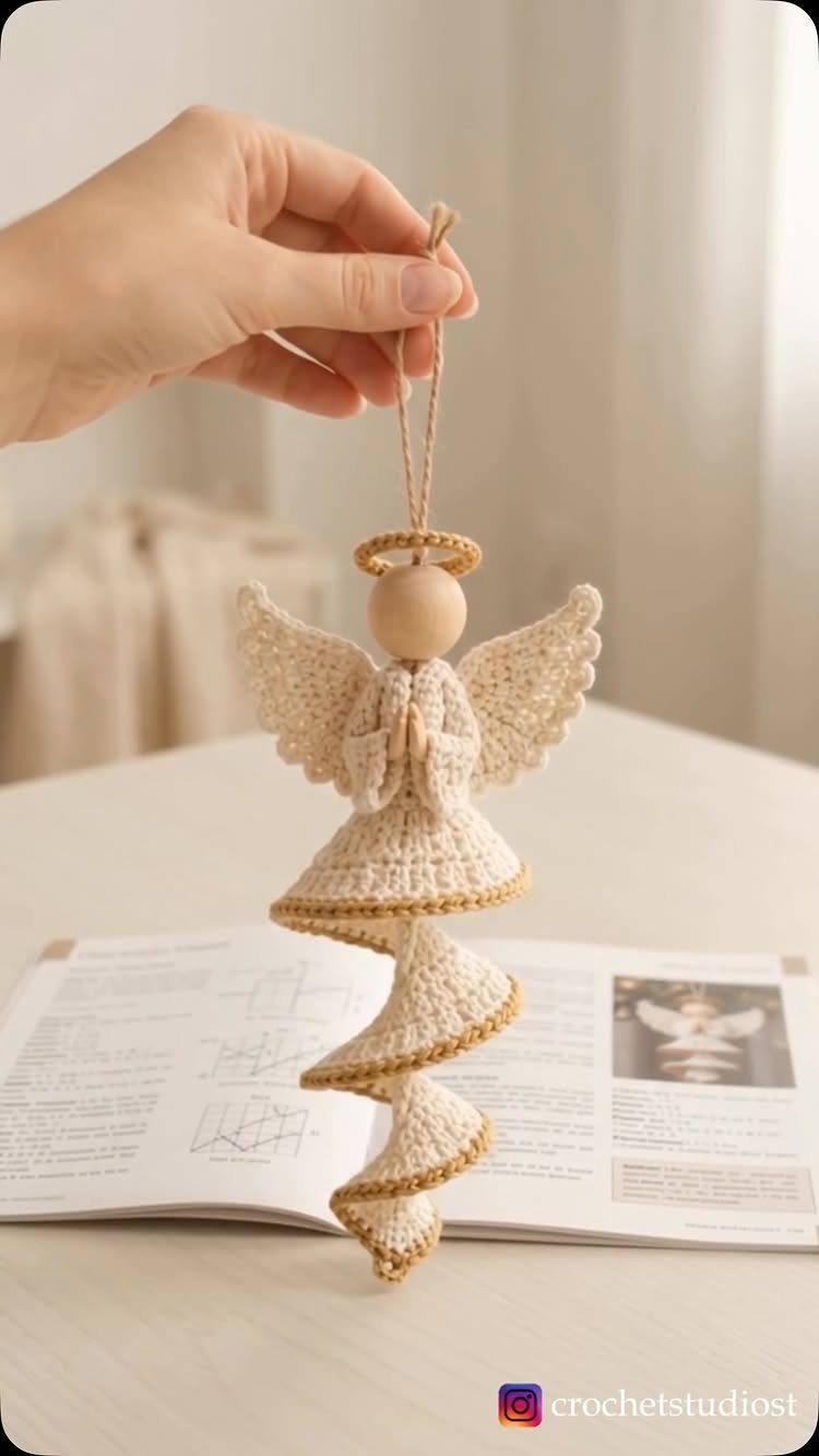 Crochet Christmas Ornaments: 19 Free Patterns for 2026 4 A hand holds a cream and gold crochet angel ornament above an open pattern book.