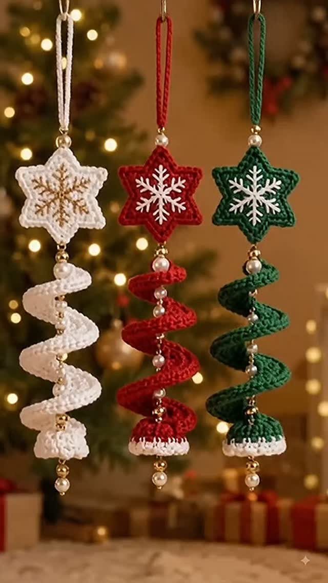 Crochet Christmas Ornaments: 19 Free Patterns for 2026 12 Three crochet star ornaments in white, red, and green hanging against a Christmas tree.
