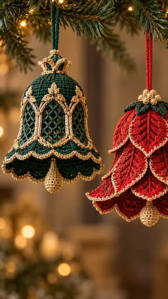 Crochet Christmas Ornaments: 19 Free Patterns for 2026 17 Two bell-shaped crochet ornaments in green and red hanging on a Christmas tree branch.