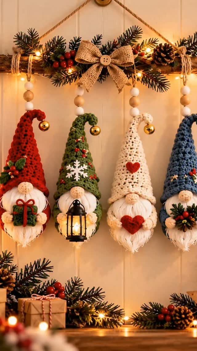 Crochet Christmas Ornaments: 19 Free Patterns for 2026 13 Four colorful crochet gnome ornaments hanging from a festive pine branch with lights.