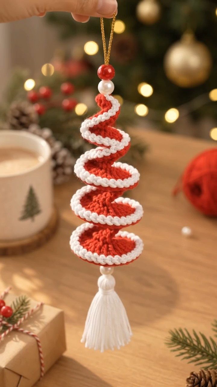 Crochet Christmas Ornaments: 19 Free Patterns for 2026 18 A hand holding a red and white crocheted spiral ornament with a white tassel.