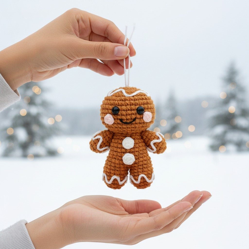 Crochet Christmas Ornaments: 19 Free Patterns for 2026 11 Hands holding a small crocheted gingerbread man ornament against a snowy winter background.