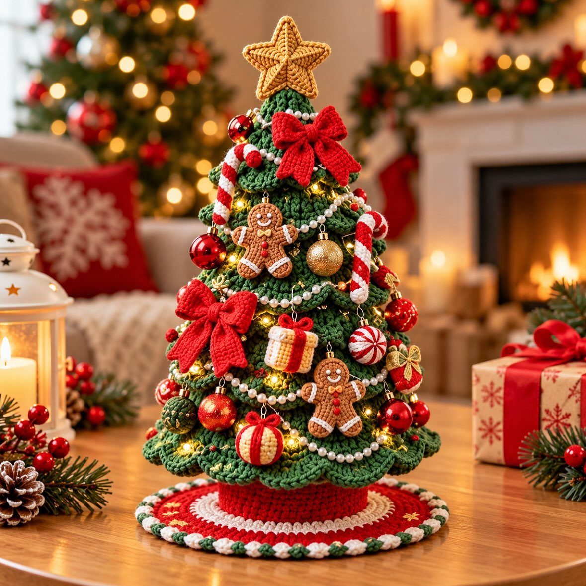 A small green crocheted Christmas tree decorated with red bows and gingerbread ornaments on a wooden table.