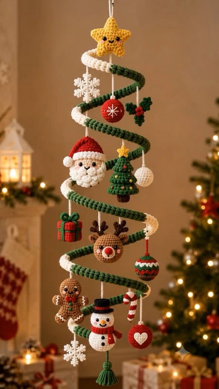 Crocheted spiral Christmas tree ornament hanging with various festive character decorations.