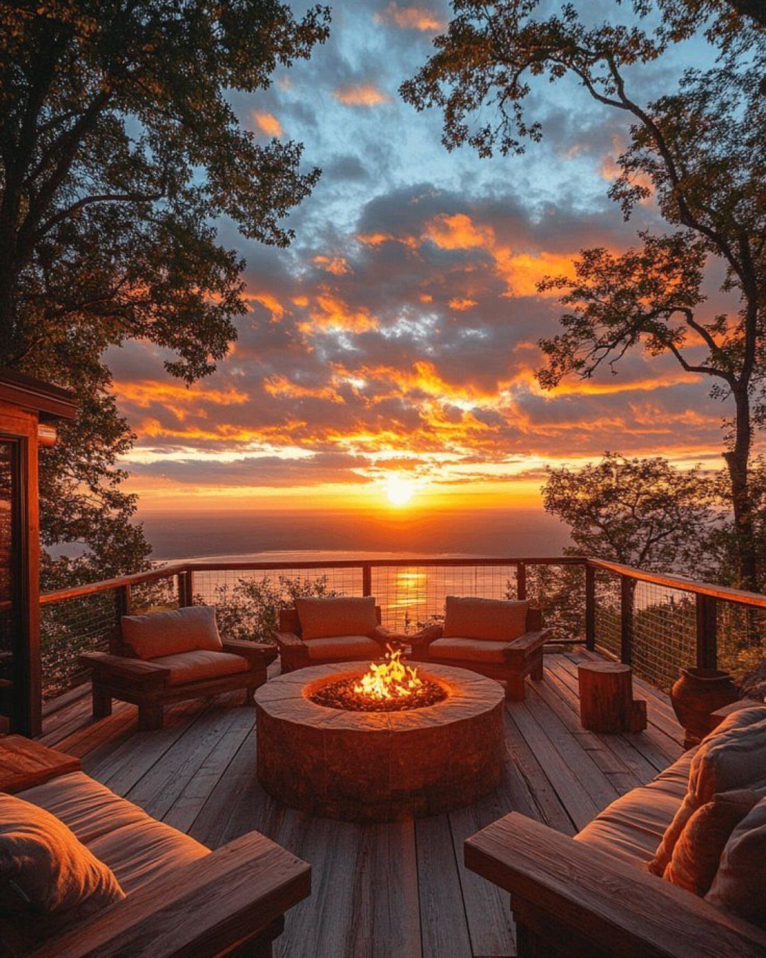 A glowing stone fire pit surrounded by wooden lounge chairs on a deck at sunset.