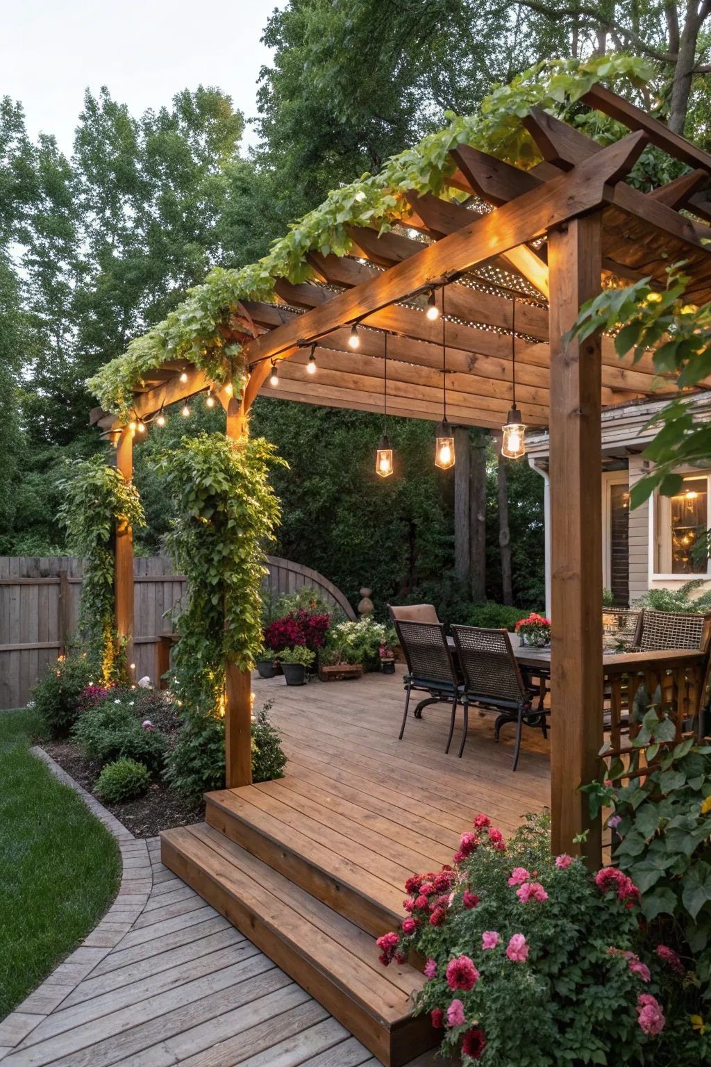 Wooden pergola with climbing green vines and hanging lights over a wooden deck dining area.