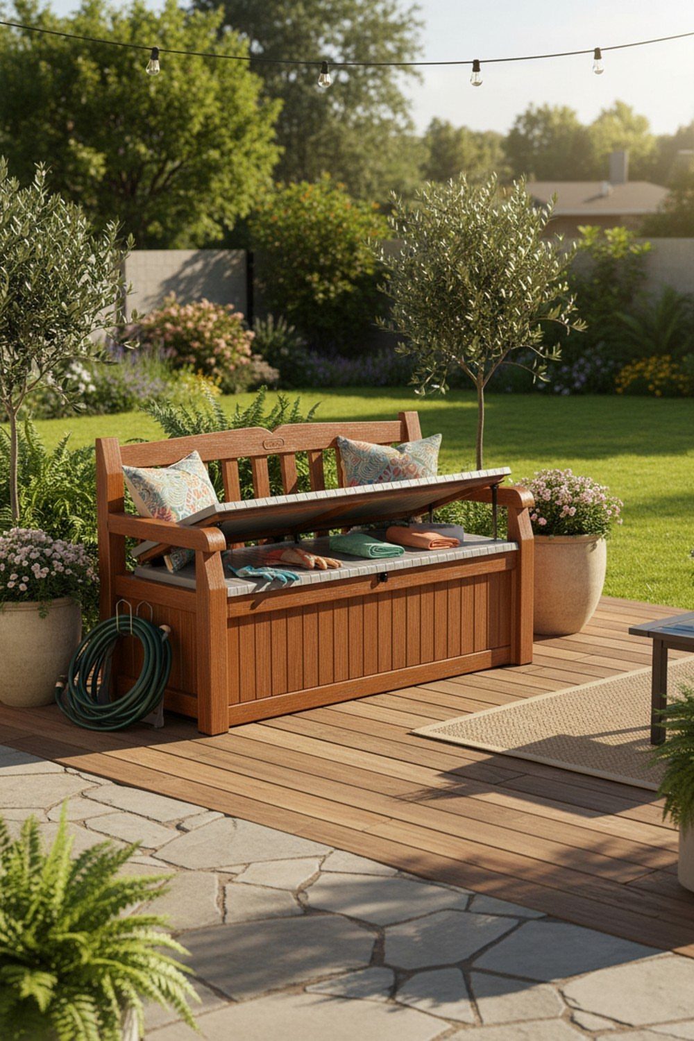 Wooden storage bench with open lid revealing cushions on a backyard deck.