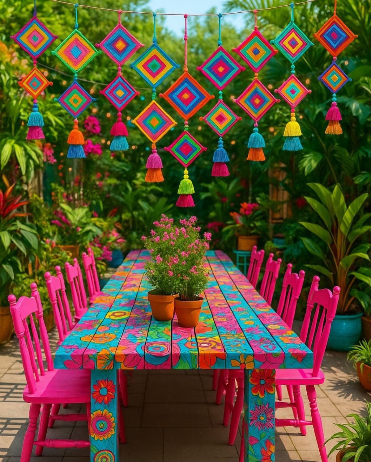 A brightly painted floral dining table sits under colorful hanging diamond decorations in a garden.