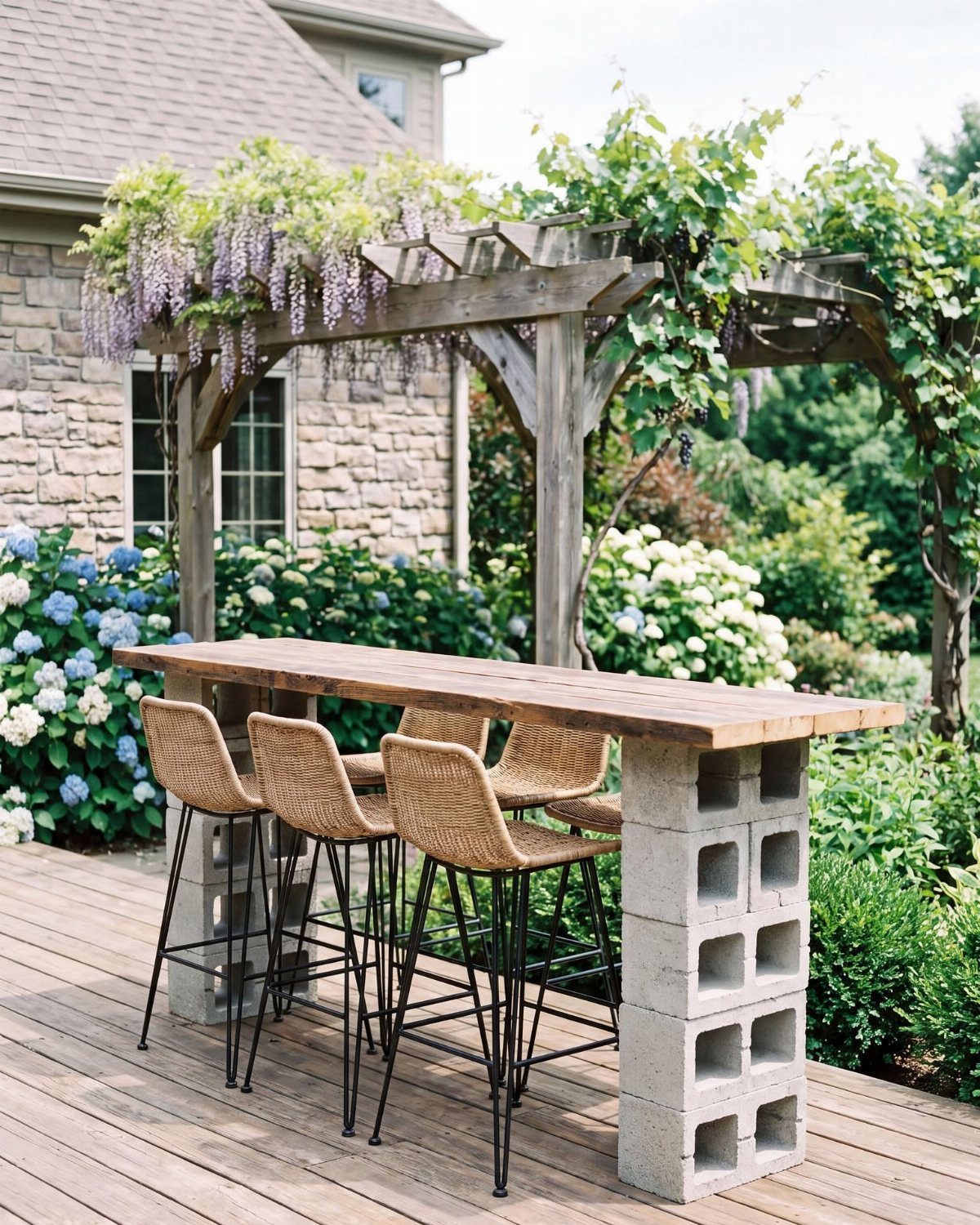 A wooden bar counter with cinder block supports and four wicker stools on a deck.