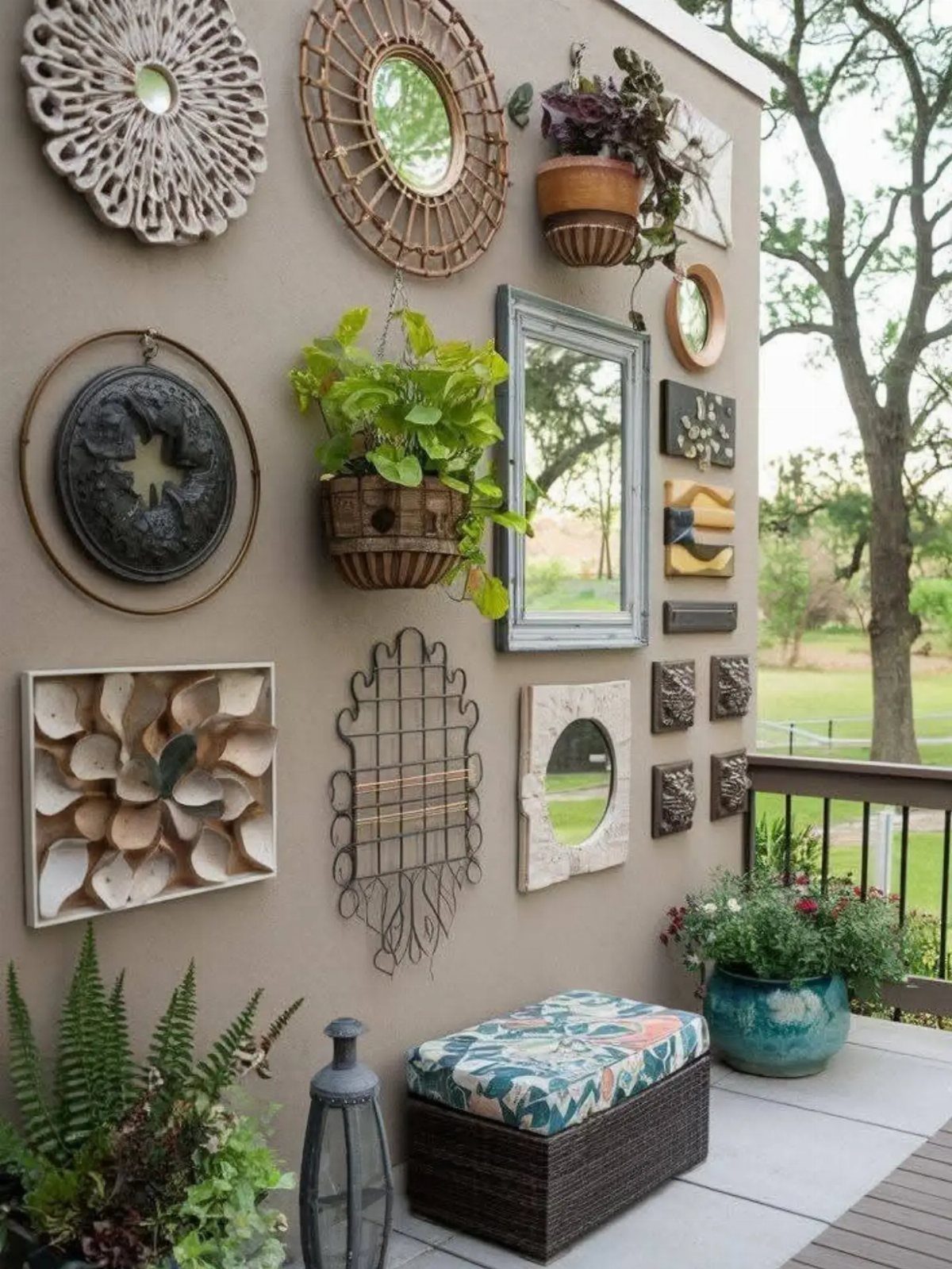 Various decorative mirrors and hanging plants arranged on a beige outdoor wall.