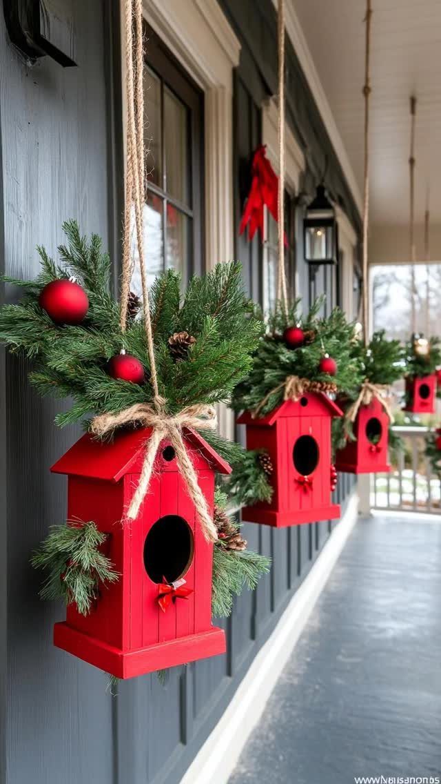Red birdhouse decorations with pine branches and ornaments hanging from a porch ceiling.