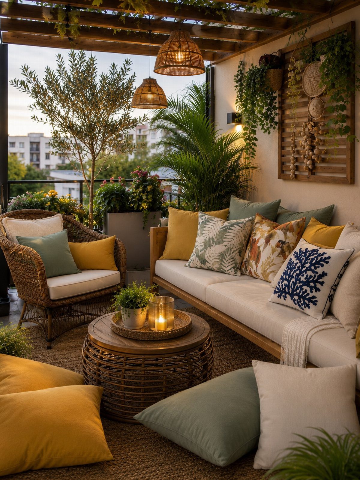 A decorated outdoor deck with comfortable seating, lush greenery, and warm lighting under a wooden pergola.