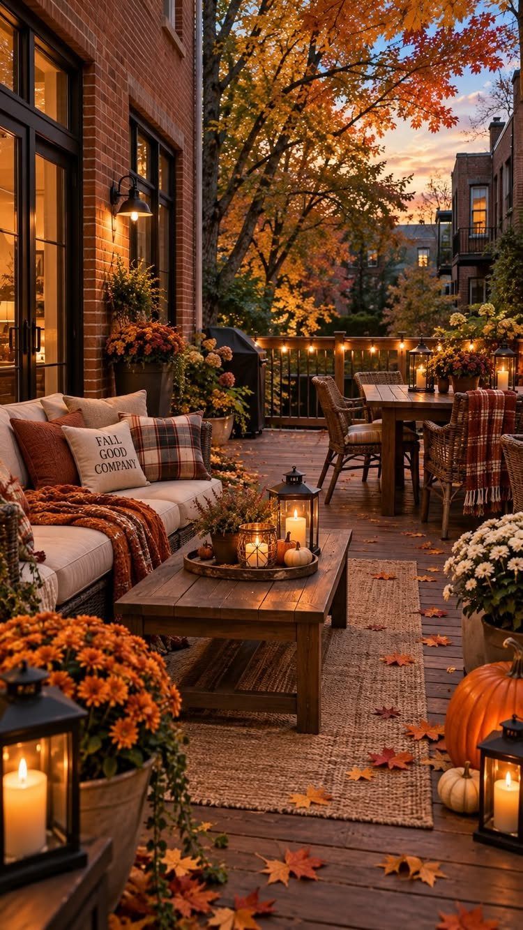 A cozy autumn-decorated wooden deck featuring outdoor furniture, lanterns, pumpkins, and seasonal flowers at sunset.