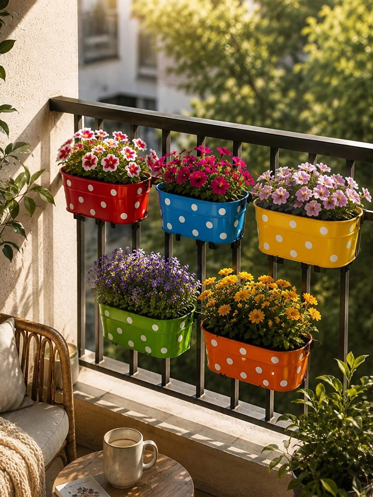 Colorful polka-dotted planters filled with blooming flowers hanging from a black balcony railing.
