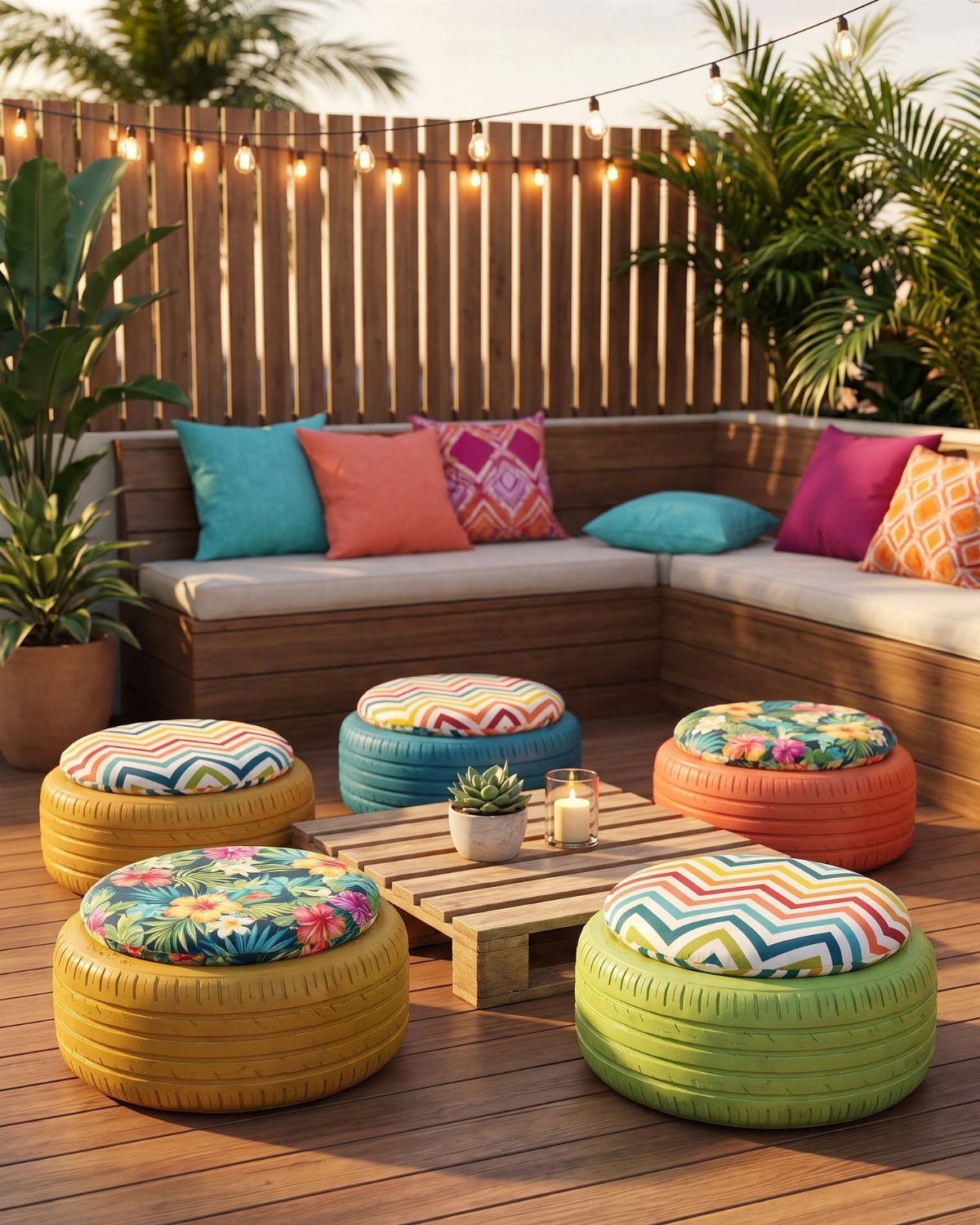 Decorating a Patio: 10 Ideas for a Space You Actually Use 5 Colorful throw pillows on a wooden patio bench surrounded by patterned tire ottomans and a coffee table.