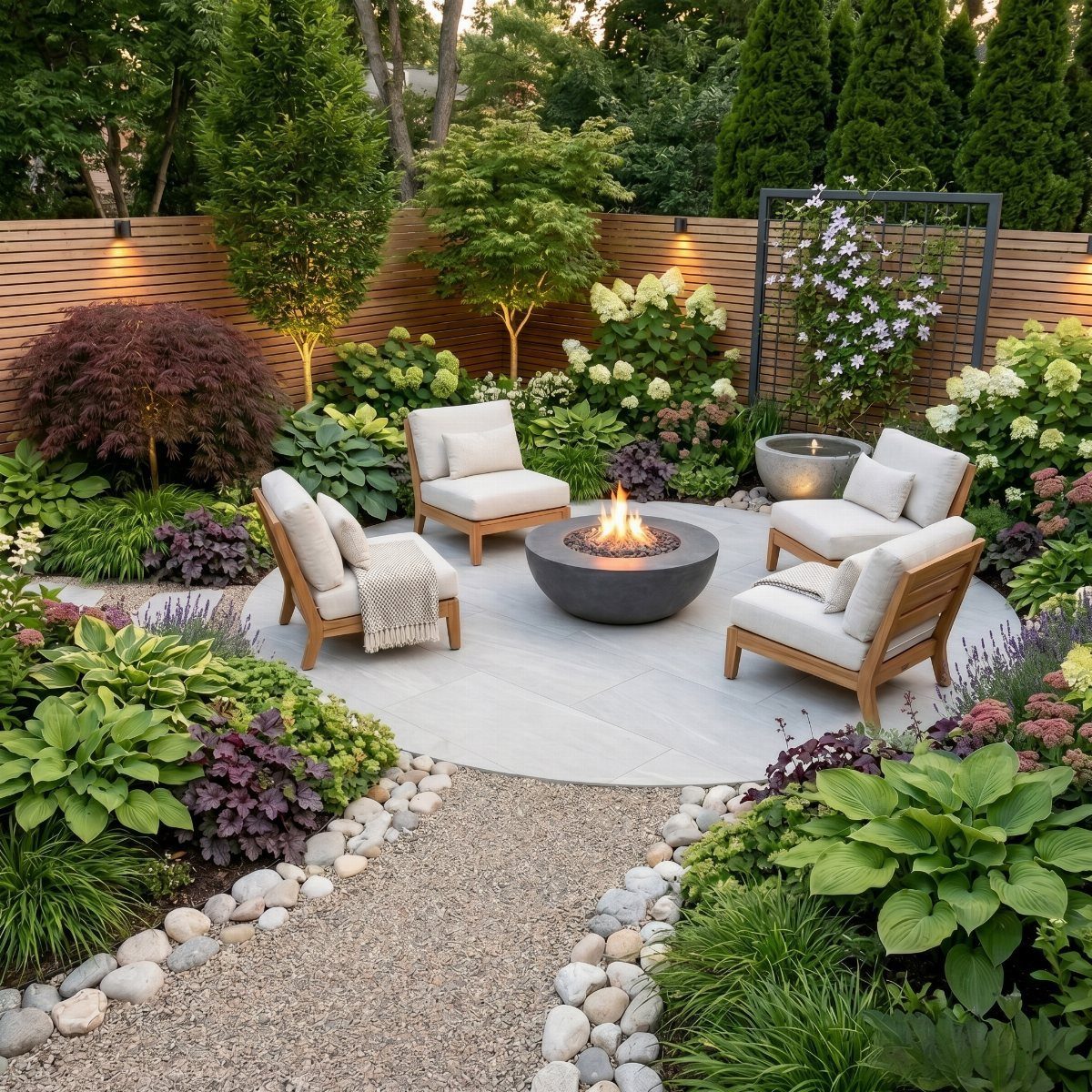 Decorating a Patio: 10 Ideas for a Space You Actually Use 7 Cream lounge chairs arranged around a glowing fire pit on a stone patio surrounded by lush greenery.