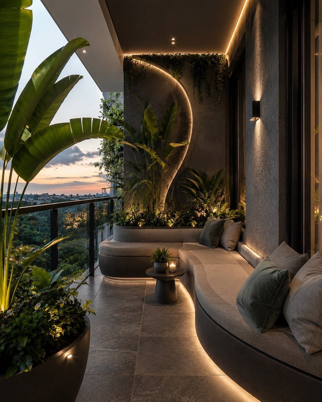 Decorating a Patio: 10 Ideas for a Space You Actually Use 10 Curved outdoor sofa with pillows and lush green plants on a modern balcony at sunset.