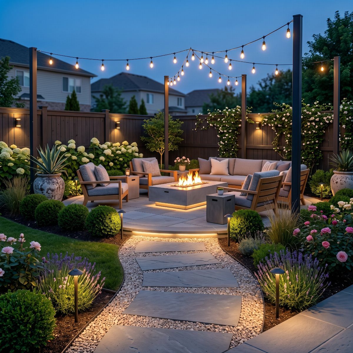 Decorating a Patio: 10 Ideas for a Space You Actually Use 1 String lights hang over a modern patio with a fire pit and outdoor lounge furniture.