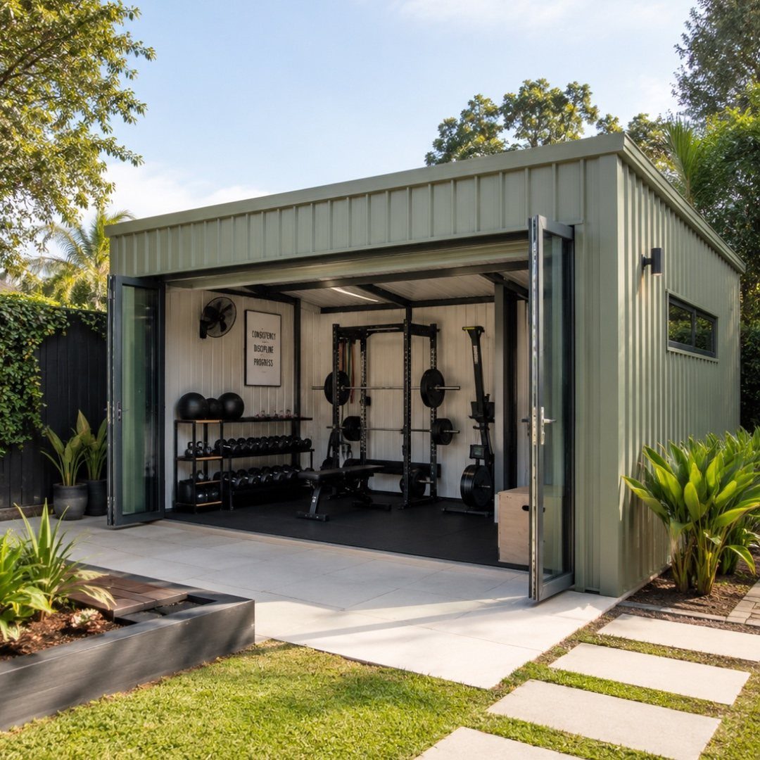 DIY Modern Shed: 19 Plans for Every Yard and Budget 8 Modern olive green metal shed opened to reveal a complete home gym interior.