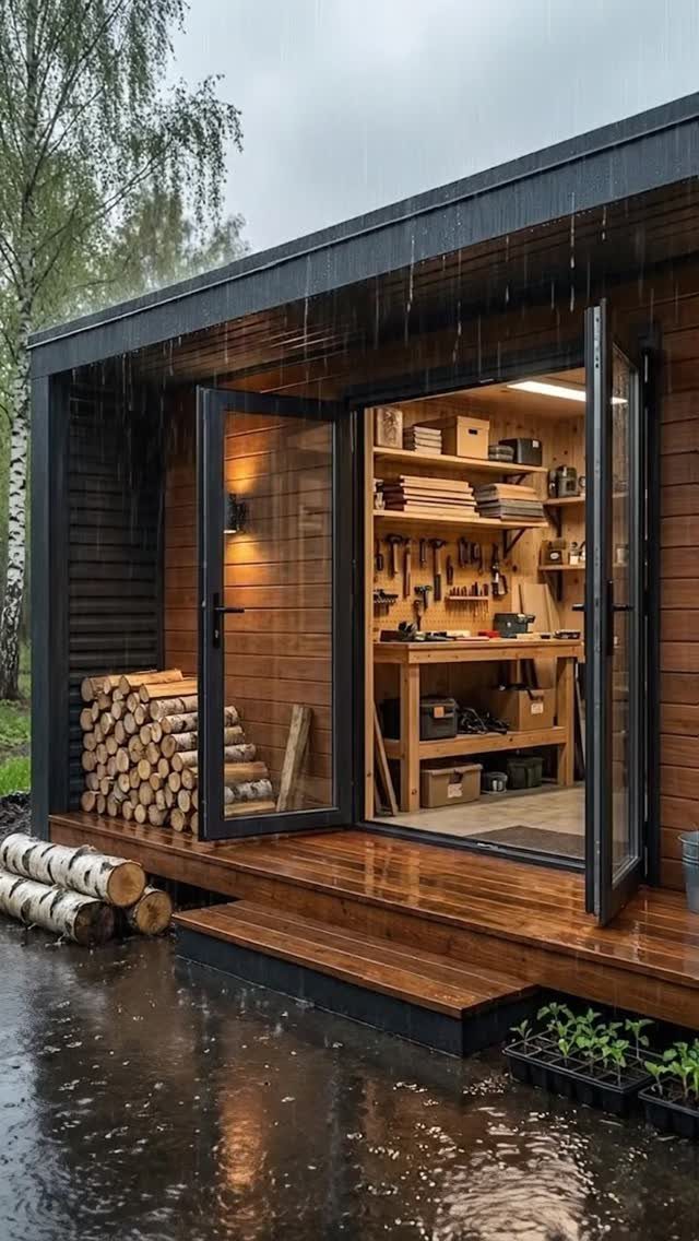 DIY Modern Shed: 19 Plans for Every Yard and Budget 9 A modern wooden garden shed with open glass doors revealing an organized interior workshop.