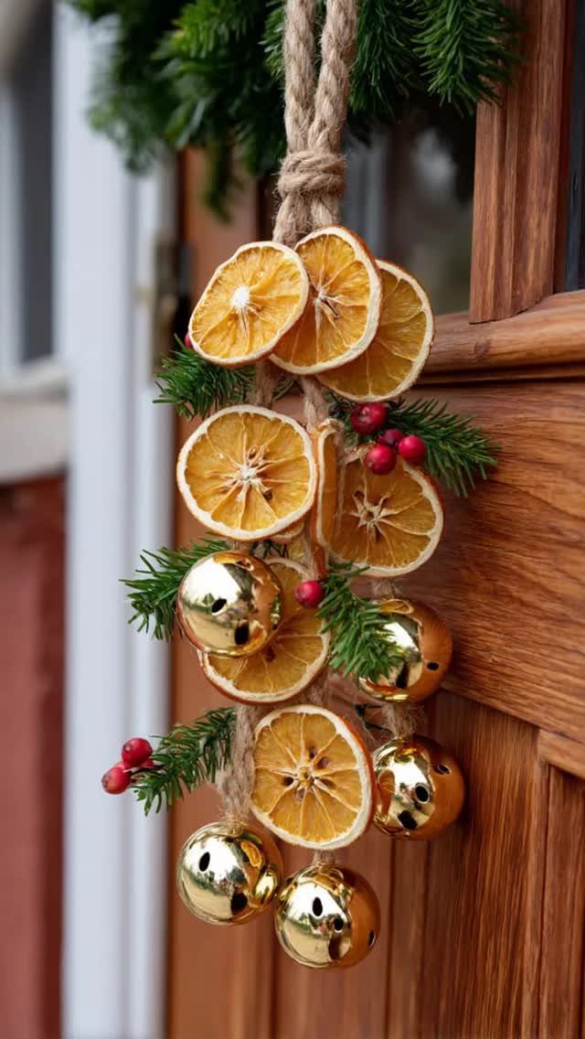 Dried orange slices and gold bells hanging from a jute rope with evergreen sprigs.