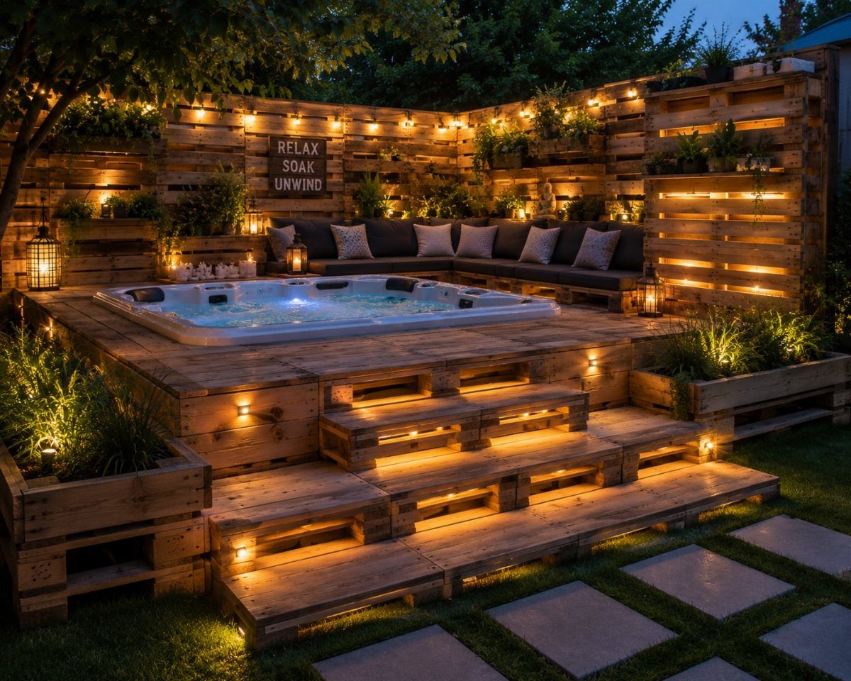 11 Elevated Deck Ideas: Multi-Level Looks, Storage & Rooftop Builds 4 A wooden pallet deck featuring a built-in hot tub, corner seating, and warm ambient lighting.