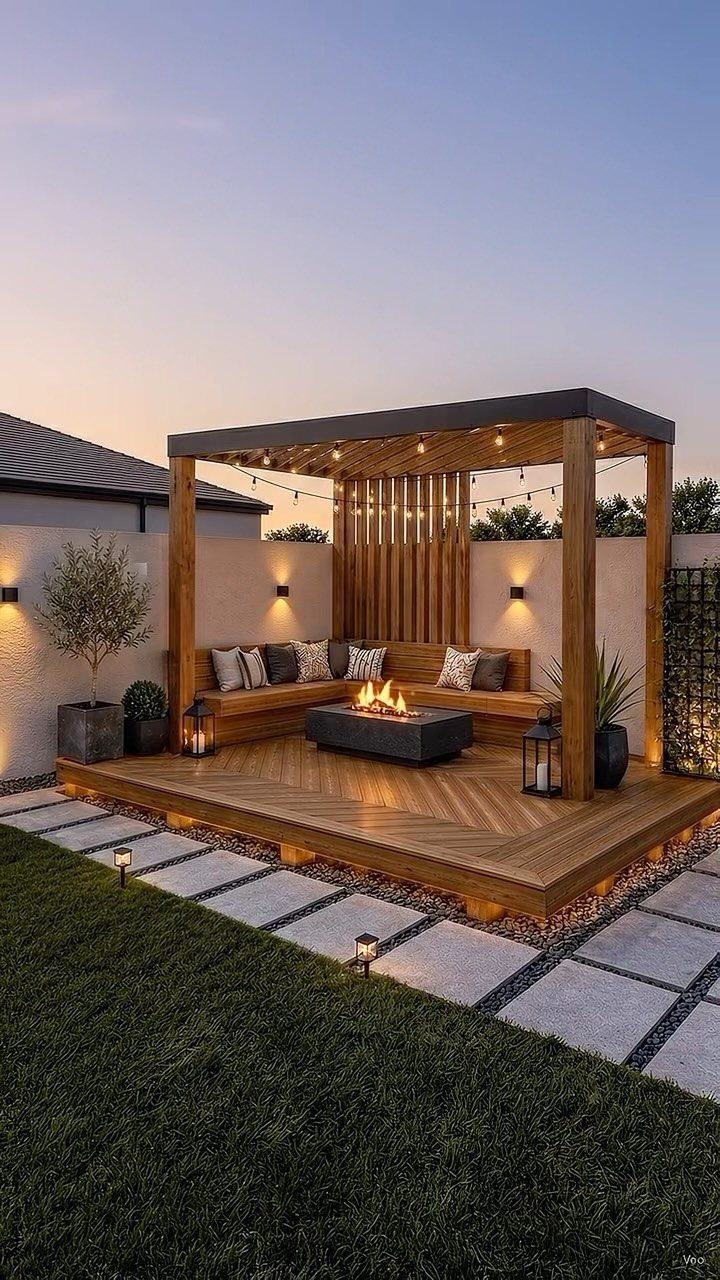 11 Elevated Deck Ideas: Multi-Level Looks, Storage & Rooftop Builds 5 A wooden pergola covering a modern deck with built-in seating and a fire pit at dusk.