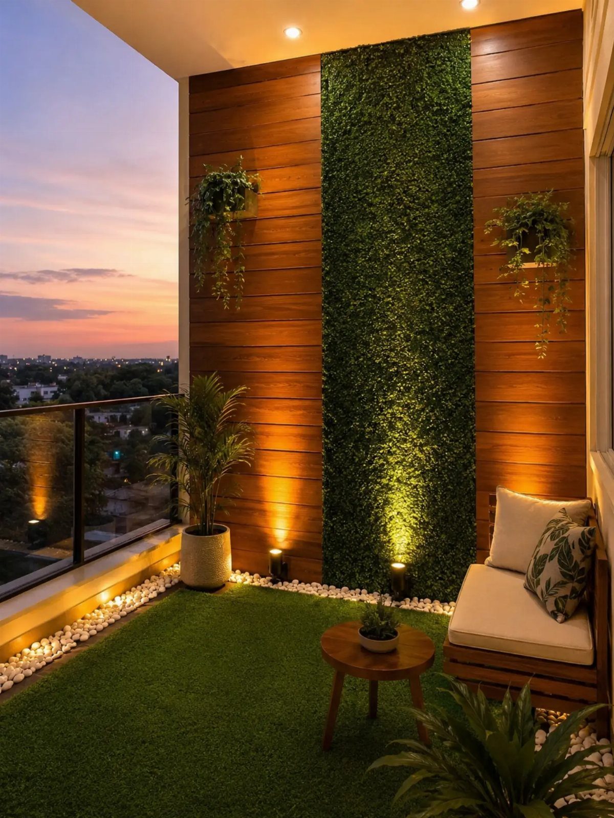 11 Elevated Deck Ideas: Multi-Level Looks, Storage & Rooftop Builds 6 A vertical green plant wall mounted on a wooden paneled balcony wall at sunset.