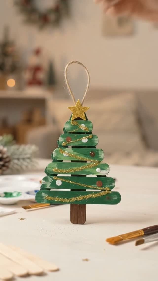 Fun Christmas Activities for Families: 18 Ideas With Photos 1 A handmade green popsicle stick Christmas tree ornament decorated with gold glitter and colorful dots.