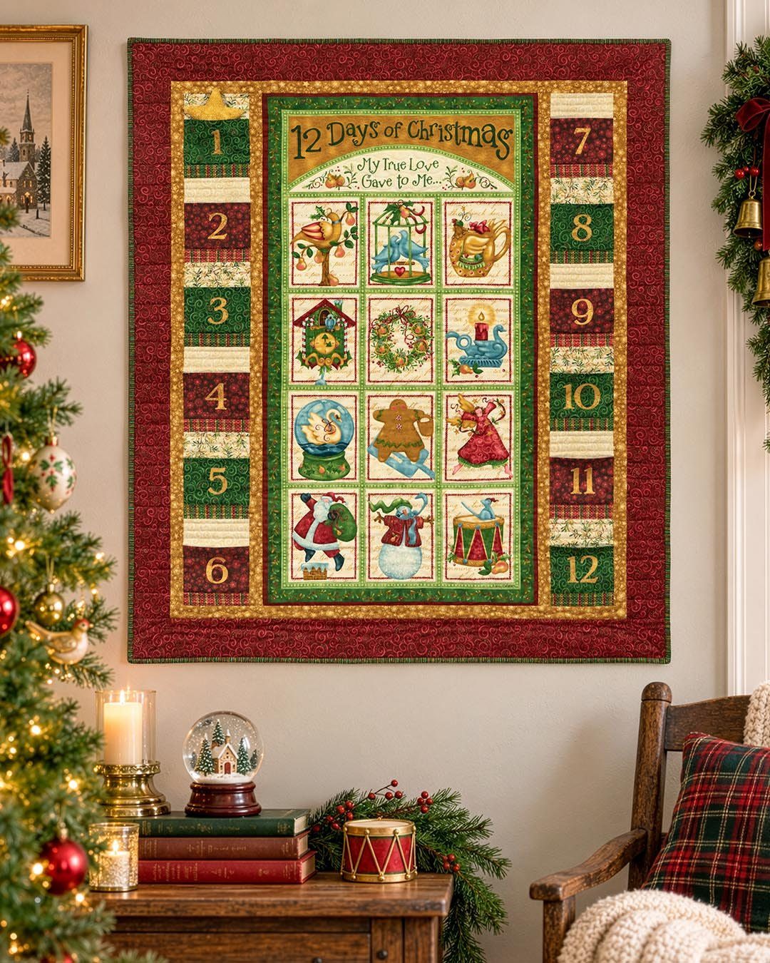 Fun Christmas Activities for Families: 18 Ideas With Photos 8 A quilted Christmas countdown calendar with twelve festive illustrated panels hanging on a wall.