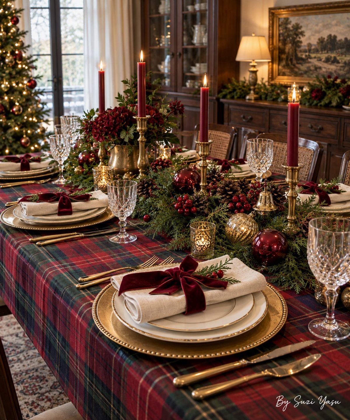A festive Christmas dining table set with plaid cloth, gold plates, and red taper candles.