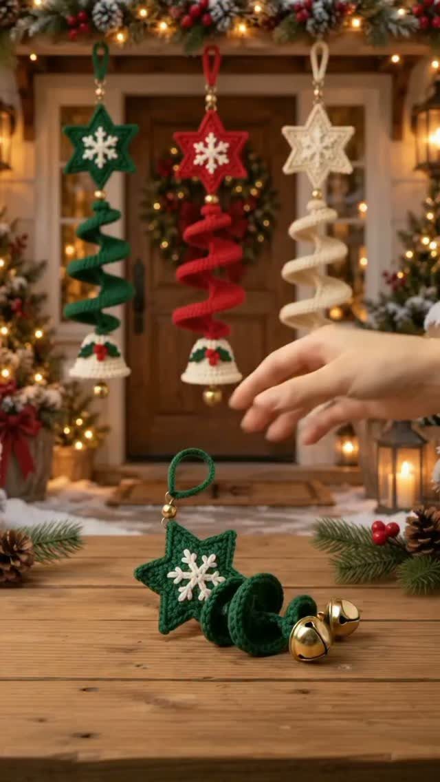Three star-shaped crochet ornaments hanging against a festive, blurred Christmas background.