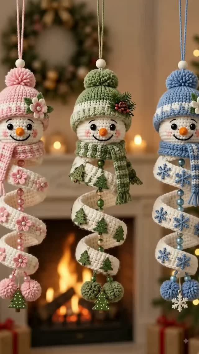 Three crocheted snowman ornaments in pink, green, and blue hanging against a fireplace background.