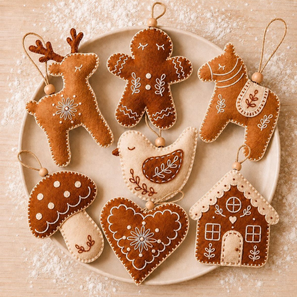 Assorted brown and cream felt Christmas ornaments arranged on a plate with faux snow.