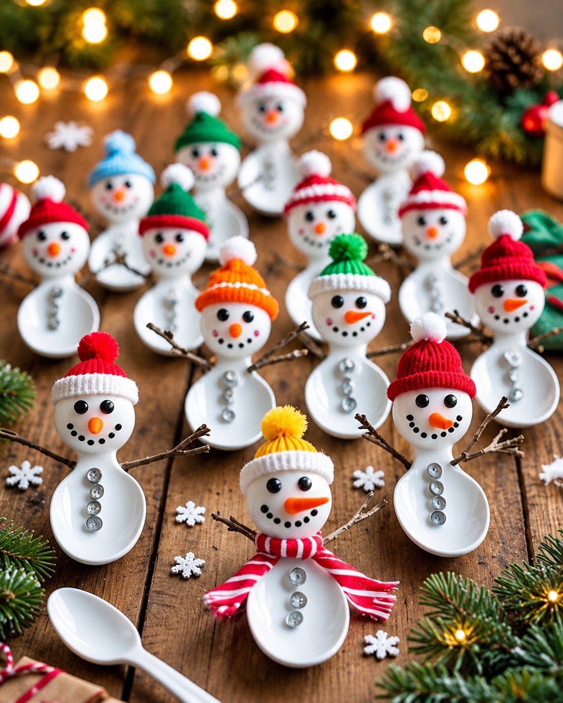 Small snowman figures made from white spoons arranged on a wooden table with festive lights.