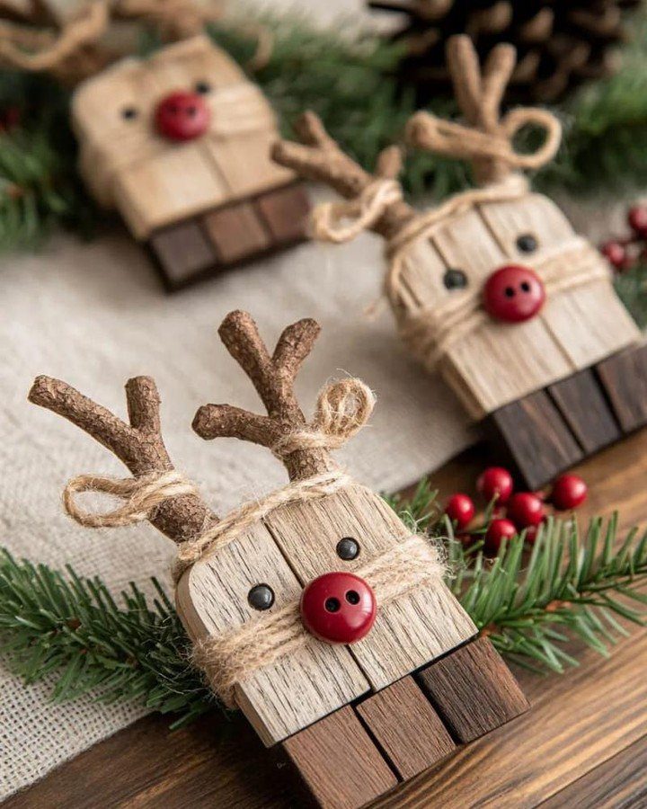 Wooden reindeer ornaments with twig antlers and red button noses on pine branches.