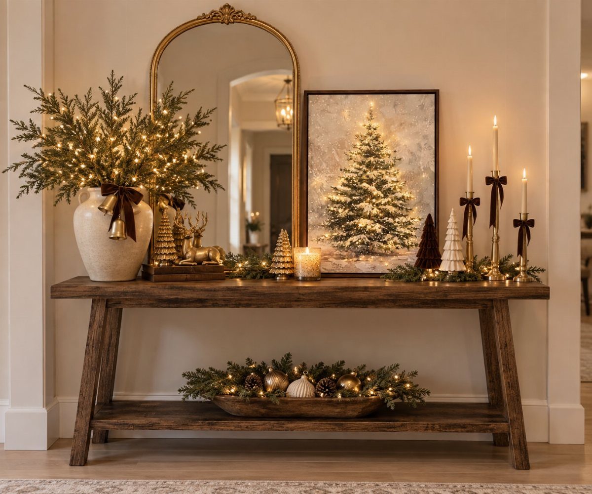 Rustic wooden table decorated with evergreen branches, lit candles, and small wooden Christmas trees.