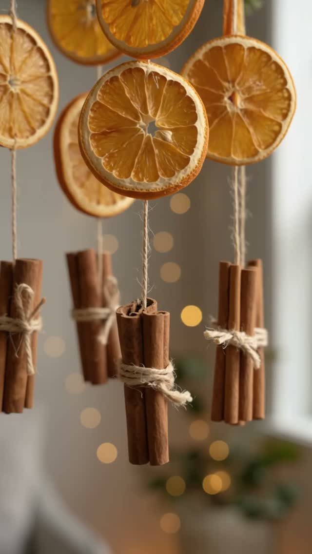 Dried orange slices and cinnamon stick bundles hanging from twine with bokeh lights.