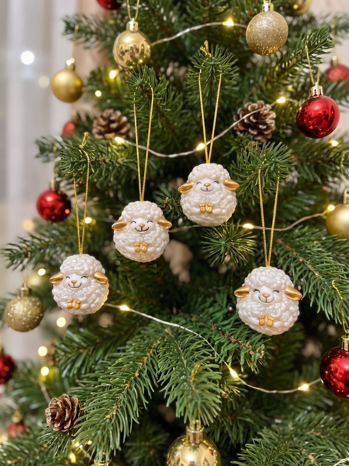 White sheep ornaments hanging on a decorated Christmas tree with lights and baubles.