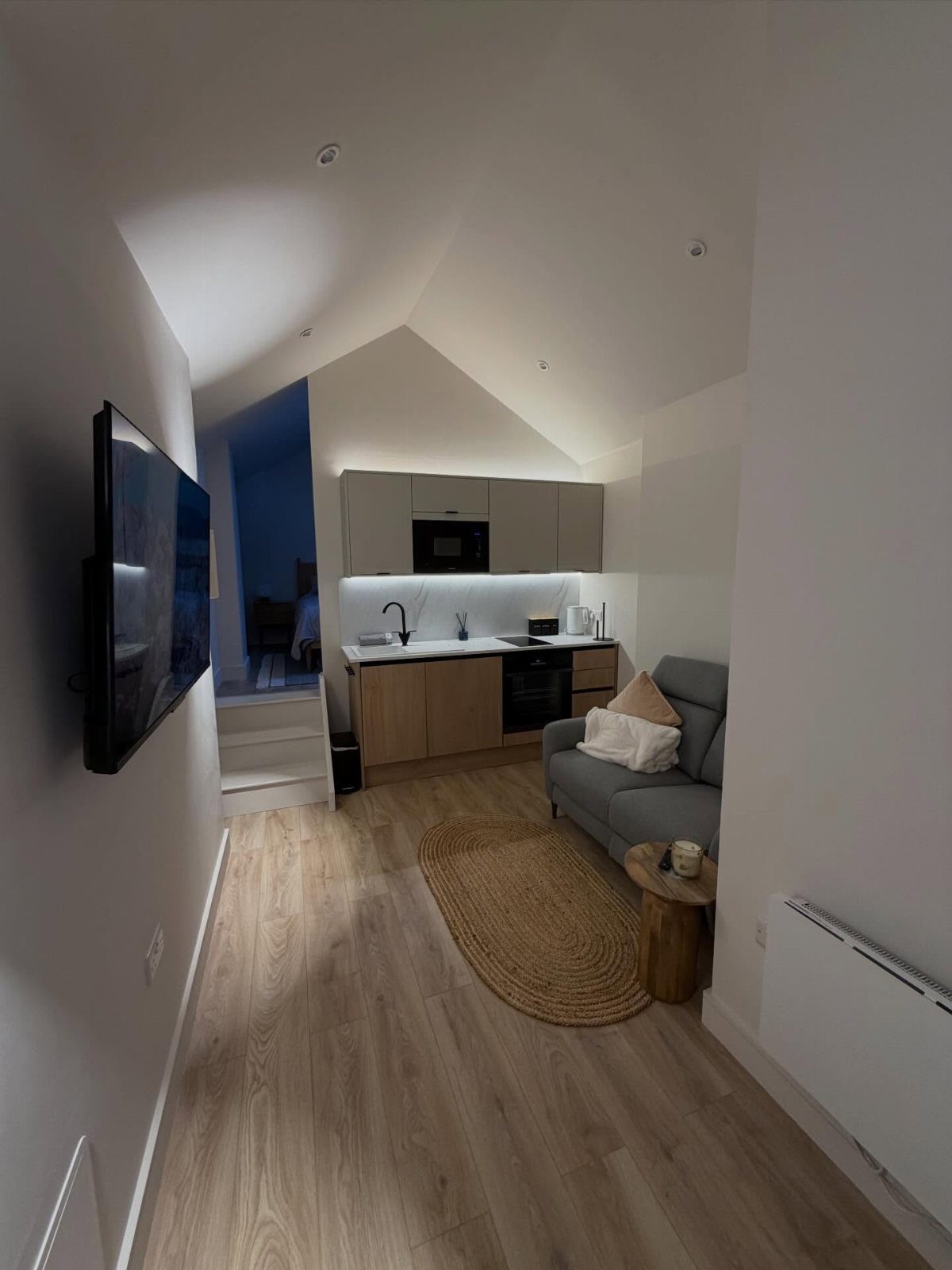 Garage into Bedroom: 4 Ideas From Guesthouse to Home Theater 1 A small modern studio apartment with a kitchenette, armchair, and television on the wall.