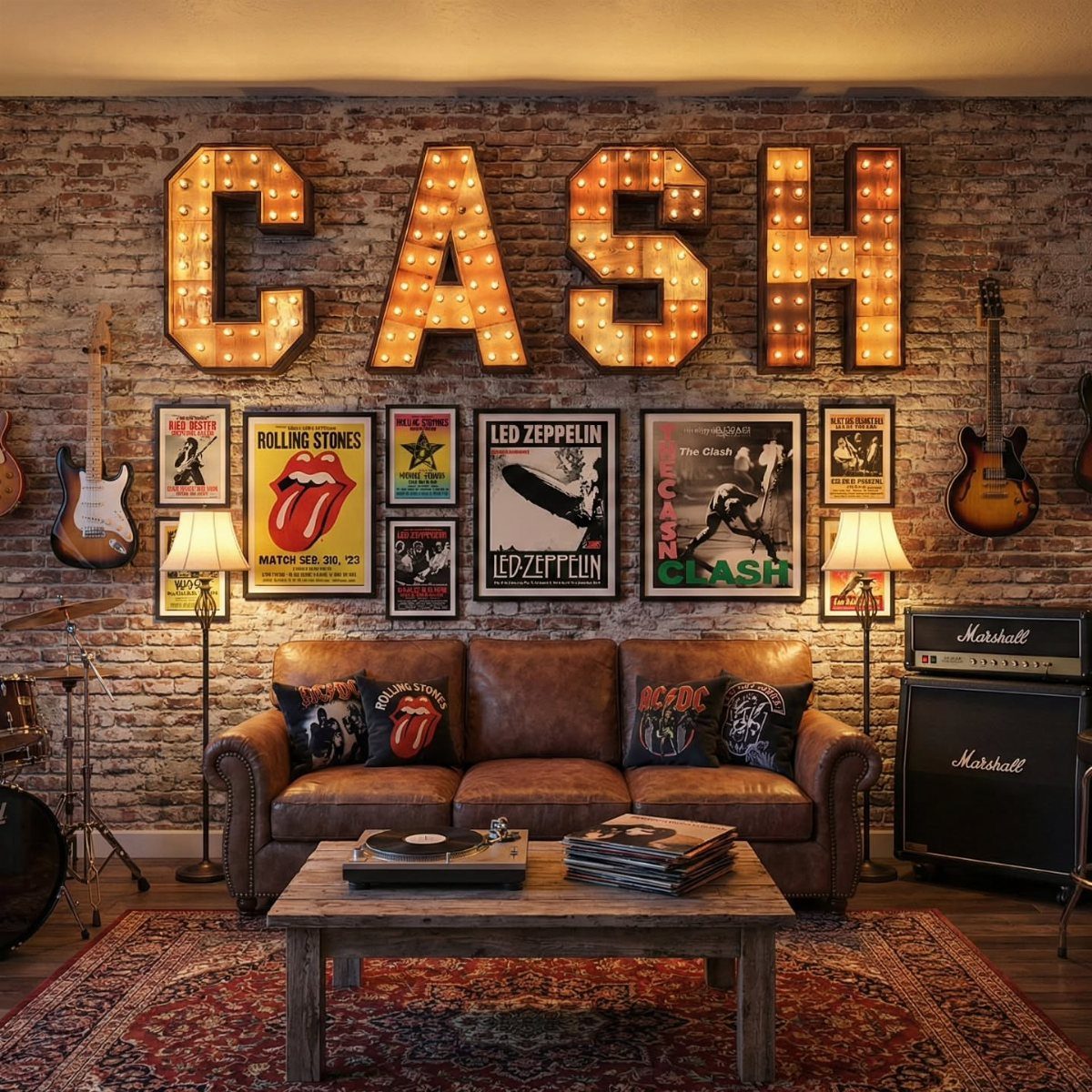 Large illuminated marquee letters spelling CASH mounted on a brick wall above a leather sofa.