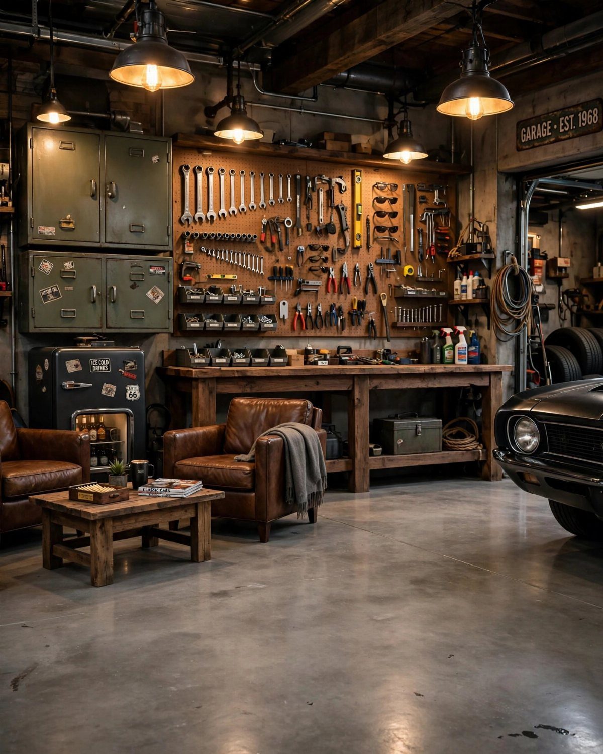 Wooden workbench with a pegboard wall holding various metal hand tools and wrenches.