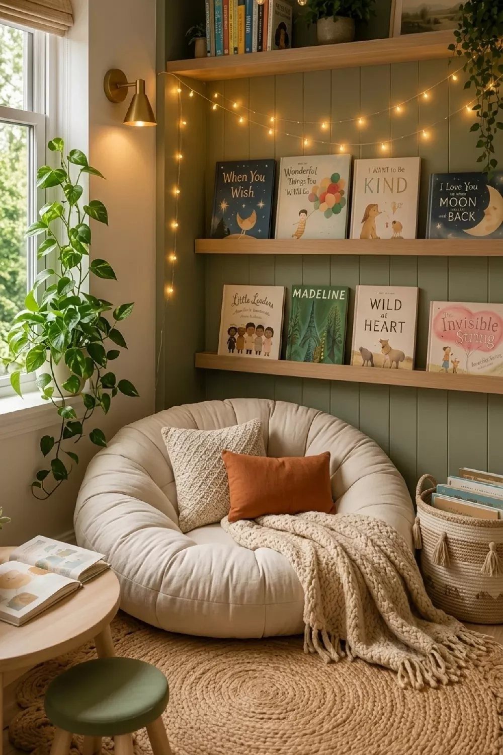 17 Garage Playroom Ideas for Safe, Creative Kid Space 3 A cream floor cushion with pillows and a blanket sits beneath bookshelves filled with children's books.